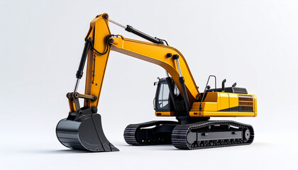 A detailed, side-view shot of a yellow excavator on a white background, showcasing its design.