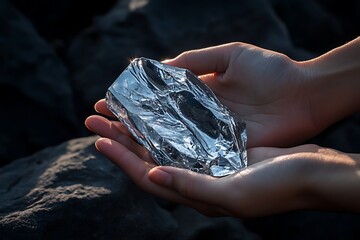 Sparkling Chunk of Raw Crystal Quartz Held Gently in Person's Palms Outdoors