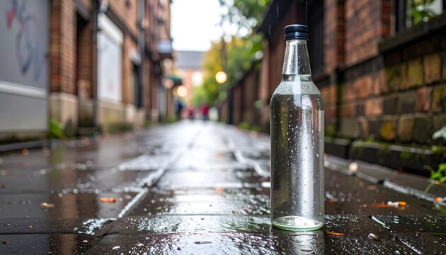 there is a bottle of water sitting on the sidewalk in the rain - Powered by Adobe