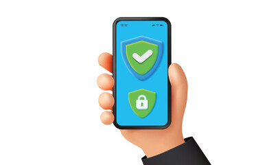 Hand Holding Smartphone with Security Shield Icons, 3D Mobile Protection and Privacy Concept