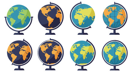 various globes showcasing earth continents in different colors
