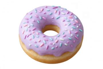 Purple-glazed donut featuring multicolored sprinkles, floating against transparent backdrop, ideal for culinary graphic design