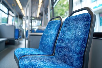 Empty bus seats in a modern, light-filled interior