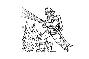 Vector illustration of firefighter extinguishing fire with hose in line art style
