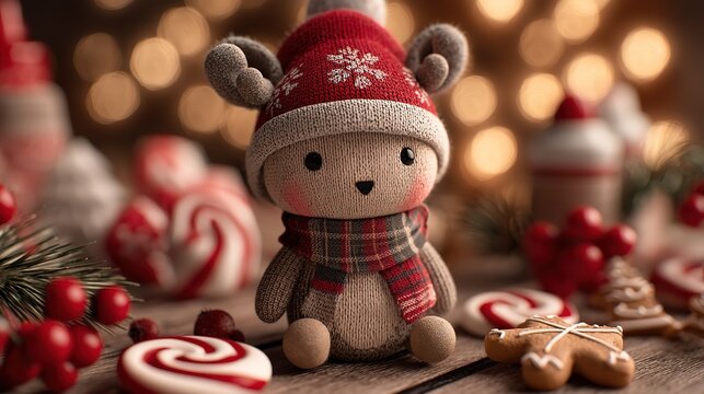 Adorable fabric doll wearing red snowflake hat and plaid scarf with Christmas candies and gingerbread cookies, holiday still life with soft focus background
