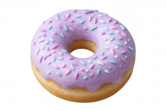 Purple-glazed donut featuring multicolored sprinkles, floating against transparent backdrop, ideal for culinary graphic design