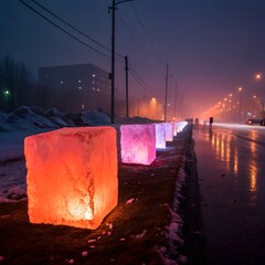 Vibrant glowing ice blocks line the snowy roadside, casting colorful light onto the wet street during a cold night.