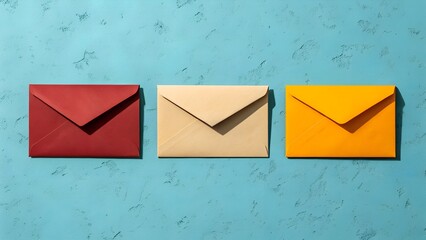 Red, cream, and yellow envelopes are neatly arranged in a horizontal line on a bright blue textured background, seen from above.