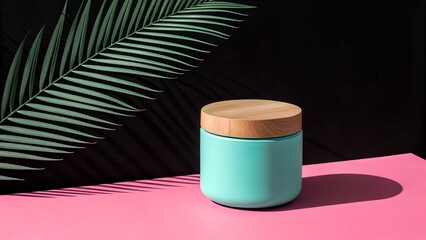 A sleek turquoise jar with a wooden lid is artfully presented on a bright pink surface, complemented by a tropical palm leaf casting shadows.