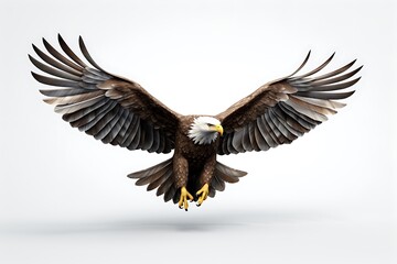 Naklejka premium Majestic eagle soaring gracefully with outstretched wings against a clean white background