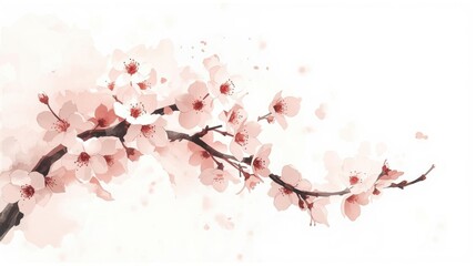 A delicate watercolor depiction of cherry blossom branches with soft pink flowers against a white background.