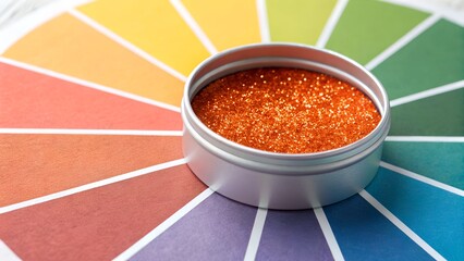 A round silver tin containing sparkling orange glitter rests on a detailed color wheel, showcasing shades for creative art projects.