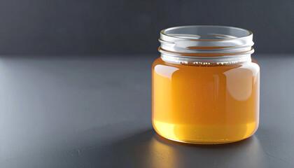 A close-up shot of a clear glass jar filled with golden-colored liquid, possibly honey.