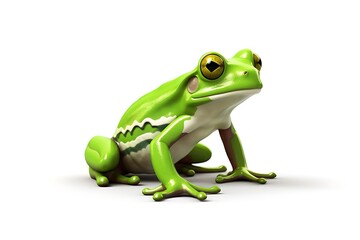 Obraz premium A vibrant green frog perched on a surface, showcasing its glossy skin and expressive eyes, with a soft white background emphasizing its features