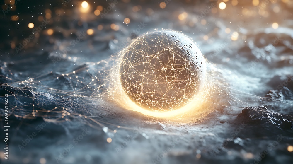 Poster abstract glowing sphere surrounded by network of light strands
