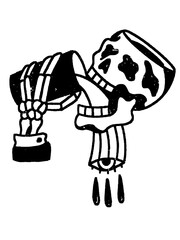 Skull with skeleton hand pouring drink and crying