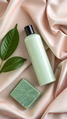Gentle green skincare products, a lotion bottle and natural soap bar, are arranged on soft pink silk with vibrant green leaves.