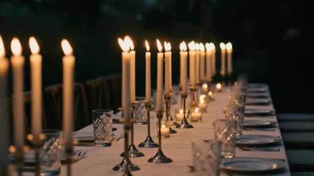 Elegant candlelit dinner table setting at night