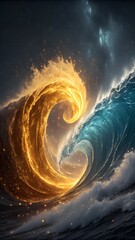 Two majestic abstract waves, one radiant golden and one sparkling blue, intertwine powerfully in a dramatic cosmic ocean environment.