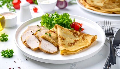Pancakes and sliced chicken