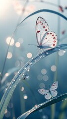 Two white butterflies with red spots gently rest on dew covered green grass blades, illuminated by soft morning light and beautiful bokeh.