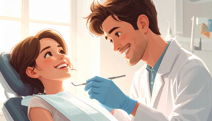 Fototapeta premium Friendly dentist reassures smiling patient during gentle dental examination in bright modern clinic
