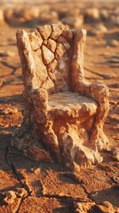 Stone Throne on Cracked Earth Solitary Desert Seat Carved from Rocks and Sandstone