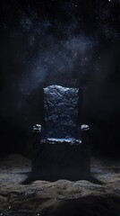 Stone Throne Under Night Sky with Stars, Desert Landscape, and Blue Glittering Lights