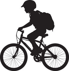 Obraz premium Cycling to Class A black silhouette vector of a child riding a bike to school, backpack and helmet on.