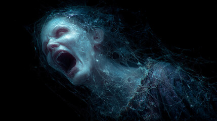 Prompt 1 (ÑÐ¾ÑÑÐ¾Ñ-Ð¿Ð¾ÑÑÑÐµÑ) Creepy screaming character covered in spiderwebs, dark hollow eyes and wide-open mouth, emerging from a pitch-black background, eerie horror atmosphere.ho