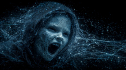 Prompt 1 (ÑÐ¾ÑÑÐ¾Ñ-Ð¿Ð¾ÑÑÑÐµÑ) Creepy screaming character covered in spiderwebs, dark hollow eyes and wide-open mouth, emerging from a pitch-black background, eerie horror atmosphere. h
