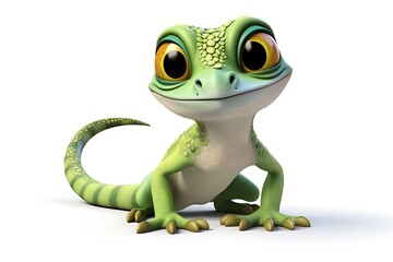 Cute animated green lizard character posing playfully on a clean white background