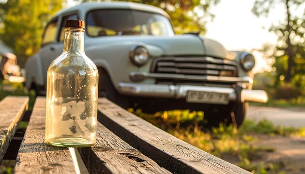 Fototapeta Empty bottle on park bench  vintage car in background
