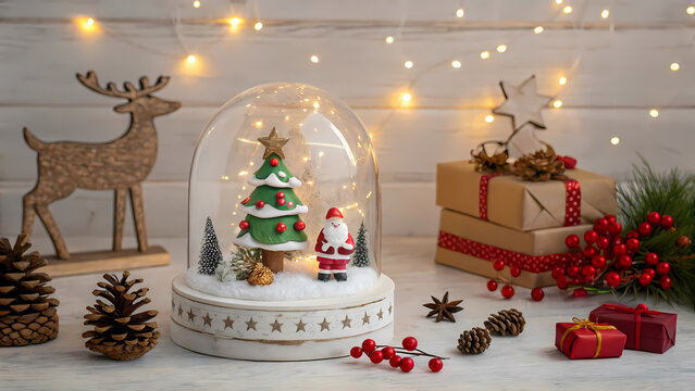 Festive Christmas Still Life with Snow Globe and Decorations on a White Wooden Surface Holiday Cheer