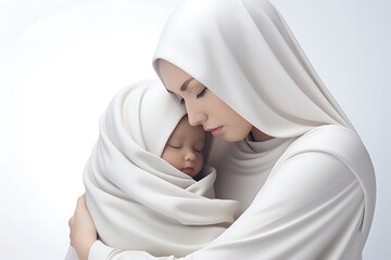 Tender moment between a mother and her baby wrapped in white fabric, serene background