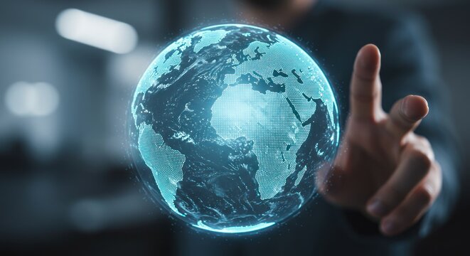 Man touches a glowing earth globe in a blurred indoor environment.
