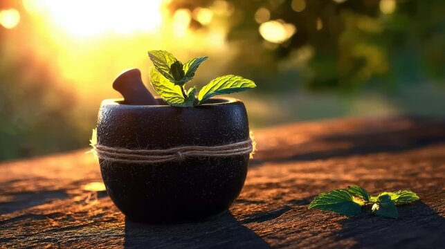 Fresh herbs prepared in traditional tool, suitable for recipe development, health tips, and rustic visuals