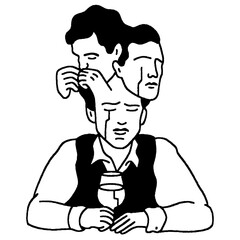 Man with multiple faces, crying with wine glass.