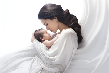 Tender moment between a mother and her newborn baby, wrapped in white fabric, soft lighting