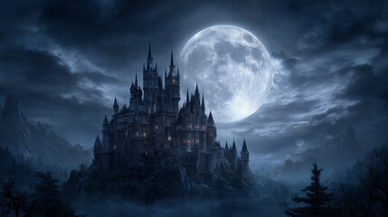 Dark haunted castle silhouette with sharp towers rising against a cloudy moonlit sky, ominous and foreboding horror scenery. haunted castle, horror night, moonlit towers, creepy fo