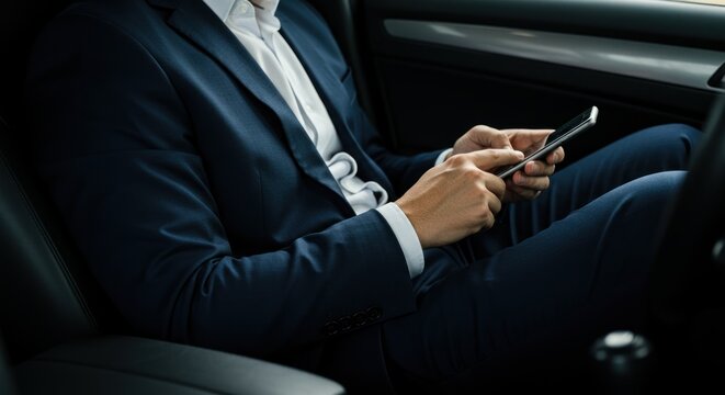 Man in suit sitting in car using smartphone dark interior.