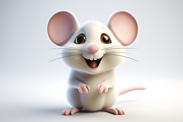 A cheerful cartoon mouse with big ears and a bright smile, set against a soft, neutral background