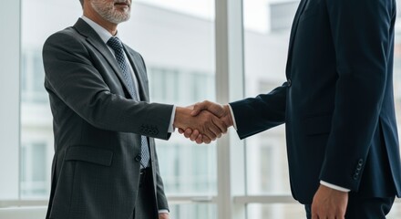 Two business people shaking hands in front of a window indoors.