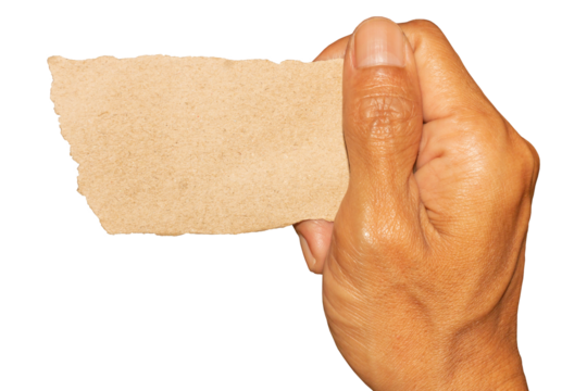 Hand Holding Torn Brown Paper with Rough Edges - Isolated on Transparent Background. Ideal for Banner, Poster, Text Space, or Creative Design Mockup