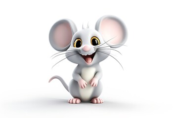 Cute cartoon mouse with large ears and bright eyes, smiling joyfully against a plain background