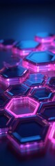 abstract blue background with cubes, purple and blue glass beads, Glass hexagons with smooth sleek surfaces glowing integrate, glass of water on a blue background