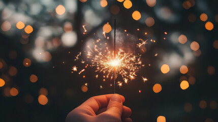 Hand holding a sparkler with glowing light trails against a bokeh background