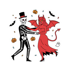 Fototapeta premium A skeleton and a devil dancing together at a Halloween party, surrounded by festive decorations.