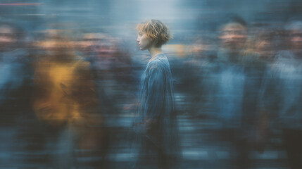 Conceptual scene of a lonely woman in distress standing still on a chaotic city street, everyone rushing past her, highlighting themes of mental health awareness and emotional isol