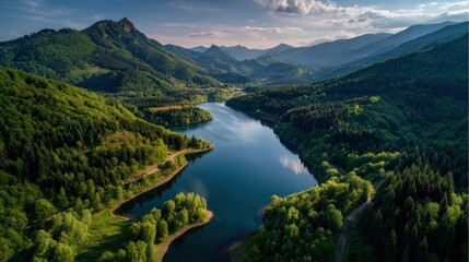 Serene mountain valley with a winding blue river and lush green forests under a vast sky.